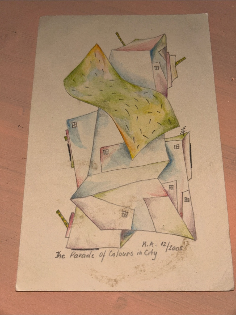Signed M.A 12/2005 Artwork Card Original Abstract Watercolor Art - Multicolor